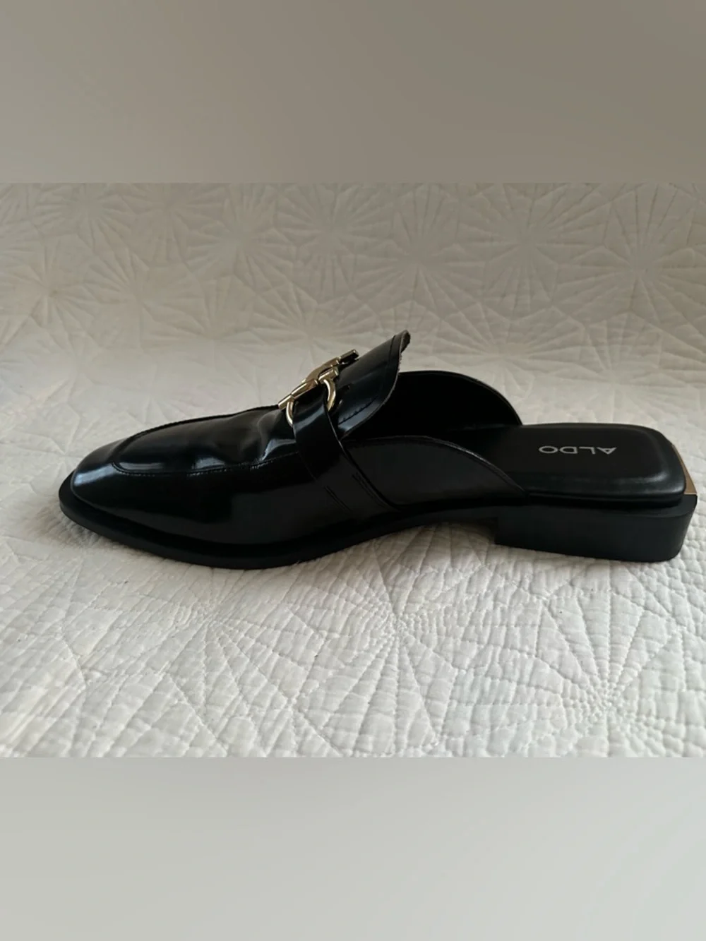 ALDO Black Patent Leather Slip-On Loafers with Gold Hardware